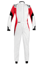 Grand Prix Racewear racing suit in white, red, and black with sponsor logos, designed for professional motorsport drivers.