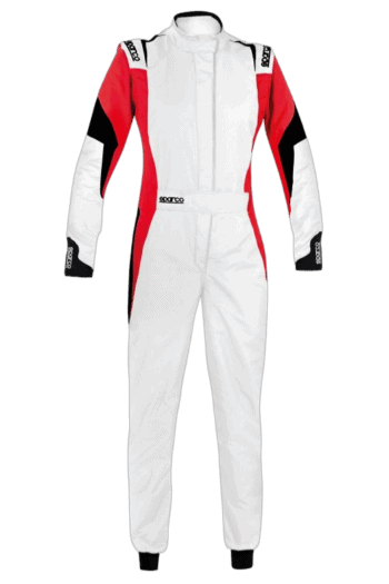 Grand Prix Racewear racing suit in white, red, and black with sponsor logos, designed for professional motorsport drivers.