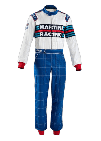 Martini Racing racing suit with white, blue, and red design, featuring sponsor logos and racing stripes, ideal for motorsport enthusiasts.