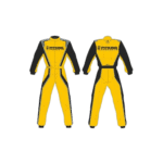 Grand Prix Racewear racing suit in yellow and black with Pitking logo, front and back views, designed for motorsport safety and performance.