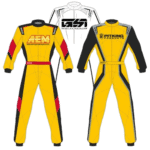 Grand Prix Racewear racing suits in yellow with black and red accents, featuring sponsor logos for AEM and Pitking Products, designed for motorsport drivers.