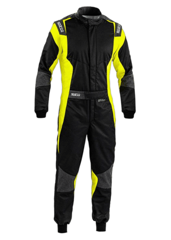 Grand Prix Racewear racing suit in black with neon yellow accents, designed for motorsport safety and performance.