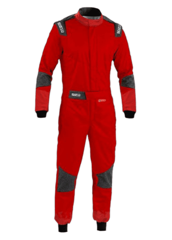 Red Grand Prix Racewear racing suit with black and grey accents, designed for motorsport safety and performance.