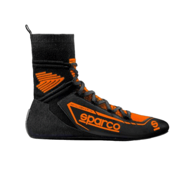Black and orange Sparco racing shoe with high ankle support and laces, designed for motorsport safety and performance.
