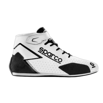 High-performance Sparco racing shoe designed for motorsport, featuring a white and black colour scheme with advanced grip and safety features.