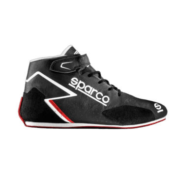 Black Sparco racing shoe with white and red accents, designed for motorsport safety and performance.