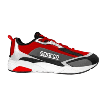 Red, black, and grey Sparco racing shoe designed for motorsport safety and performance.