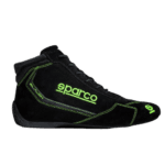 Sparco Slalom Race Boots in black with neon green accents, designed for racing and motorsport enthusiasts.