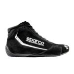 Black Sparco racing shoe with white logo and sleek design, ideal for motorsport drivers and racing enthusiasts.