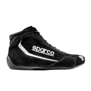 Black Sparco racing shoe with white logo and sleek design, ideal for motorsport drivers and racing enthusiasts.