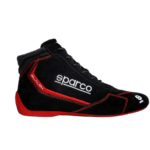 Black and red Sparco racing shoe with high ankle support and racing design, ideal for motorsport enthusiasts and professional drivers.