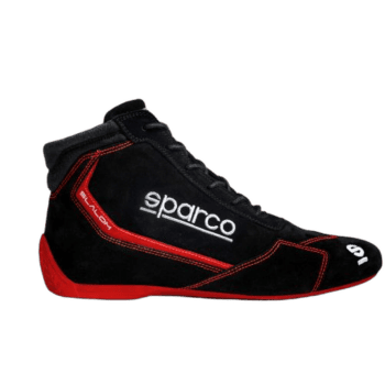 Black and red Sparco racing shoe with high ankle support and racing design, ideal for motorsport enthusiasts and professional drivers.