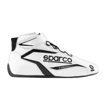 High-performance Sparco Formula racing shoe in white with black accents, designed for motorsport drivers for safety and comfort.