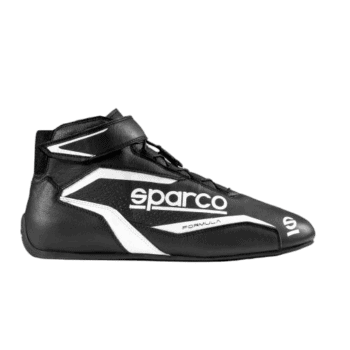 Sparco racing shoe in black and white with high ankle support, designed for motorsport performance and safety.