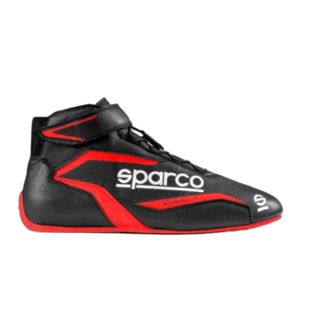 High-performance Sparco racing shoe in black and red with branding for Grand Prix Racewear, designed for motorsport enthusiasts.