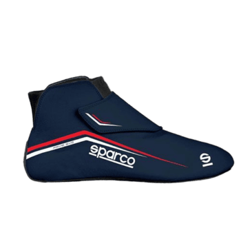 Blue racing shoe by Sparco with red and white accents, designed for motorsport safety and performance.