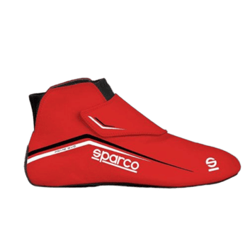 Red Grand Prix racing shoe by Sparco with black and white accents, designed for motorsport safety and performance.