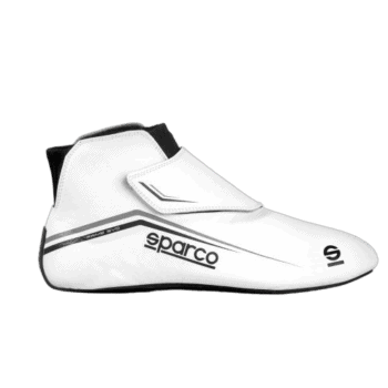 White Grand Prix racing shoe by Sparco with black and grey accents, designed for motorsport safety and performance.