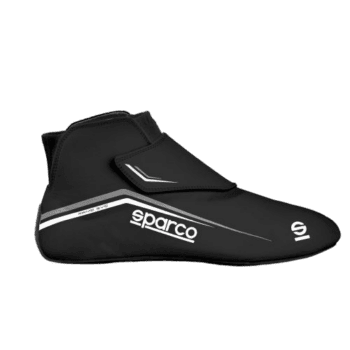 Black Sparco racing shoe with white logo and sleek design, ideal for motorsport enthusiasts and professional drivers.