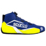 Blue and yellow racing shoe from Grand Prix Racewear, featuring Sparco branding and high-performance design for motorsport enthusiasts.