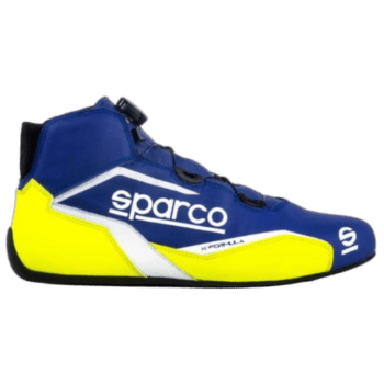 Sparco Karting Shoe in blue and yellow with white logo, designed for racing and karting enthusiasts.