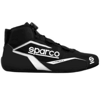 Black Sparco racing shoe with white logo and design, designed for motorsport safety and performance.