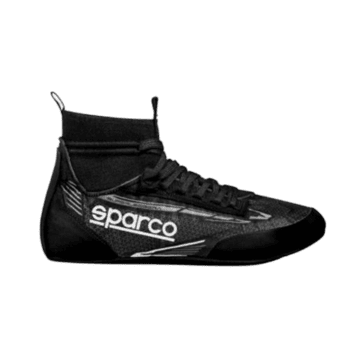 Black Sparco racing shoe with high ankle support, designed for motorsport safety and performance.