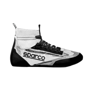 Grand Prix racing shoe by Sparco with black and white design, featuring laces and ankle support for motorsport safety.
