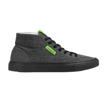 Sparco racing shoes in dark grey with black laces and neon green accents, designed for motorsport safety and performance.