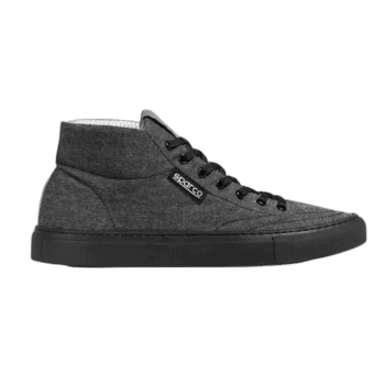 Grey high-top racing shoes by Sparco, designed for motorsport enthusiasts, featuring durable fabric and a comfortable fit.