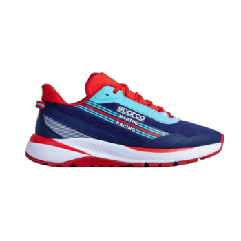 Sparco Martin Racing running shoe in blue, red, and white with racing branding for motorsport enthusiasts.
