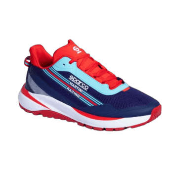 Grand Prix Racewear racing shoe in red, blue, and white with Sparco branding, designed for motorsport enthusiasts.