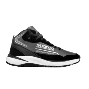 Sparco Fast Shoes racing footwear designed for motorsport, featuring a sleek black and grey design with the Sparco logo, ideal for racing enthusiasts.
