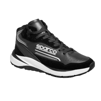 Black Sparco racing shoe with white logo and sole, designed for motorsport safety and performance.