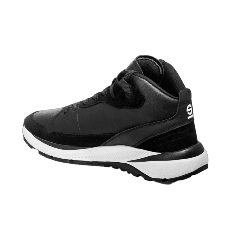 Black Grand Prix Racewear racing shoe with white sole, designed for motorsport enthusiasts and professional drivers.