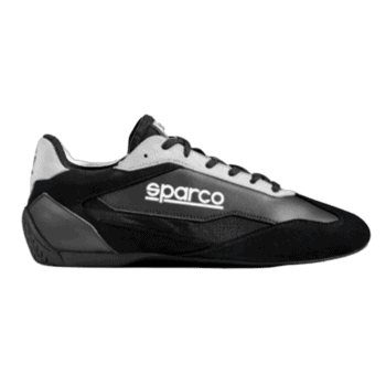 Black and white racing shoe by Sparco with logo, designed for motorsport safety and performance.