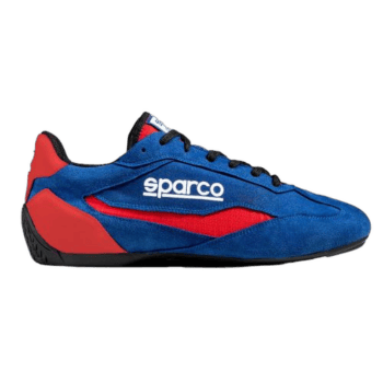 Blue and red Sparco racing shoe designed for motorsport safety and performance.