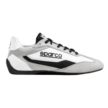 Sparco racing shoe in white, black, and grey with logo, designed for motorsport safety and performance.