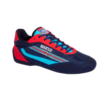 Sparco racing shoe in blue, red, and black with racing branding for motorsport enthusiasts.