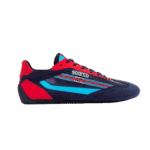 Sparco Martini S-Drive racing shoes in navy blue, red, and light blue with racing branding for motorsport enthusiasts.