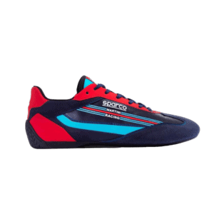 Sparco Martini S-Drive racing shoes in navy blue, red, and light blue with racing branding for motorsport enthusiasts.