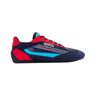 Sparco Martini S-Drive racing shoes in navy blue, red, and light blue with racing branding for motorsport enthusiasts.