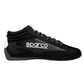 Black Sparco racing shoe with white logo on a black background, designed for motorsport safety and performance.