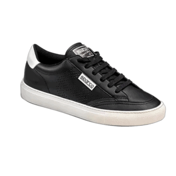 Black Sparco racing shoe with white sole and logo, designed for motorsport safety and performance.