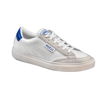 White Sparco racing shoe with blue accents, designed for motorsport safety and comfort.