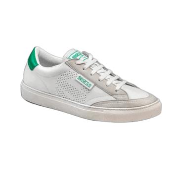 White Sparco racing shoe with green accents, designed for motorsport safety and comfort, featuring breathable material and durable sole.