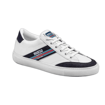 White Sparco racing sneakers with black and red accents, ideal for motorsport enthusiasts and racewear fans.
