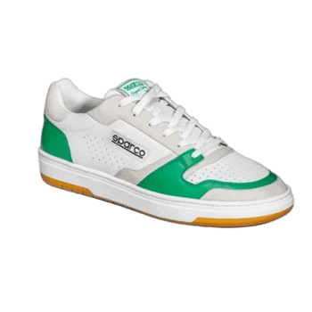 White and green Sparco racing shoe with orange sole, designed for motorsport safety and performance.