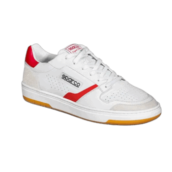 White Sparco racing shoe with red accents, designed for motorsport safety and performance.