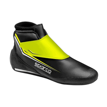 Black and yellow Sparco racing shoe with high ankle support, designed for motorsport safety and performance.